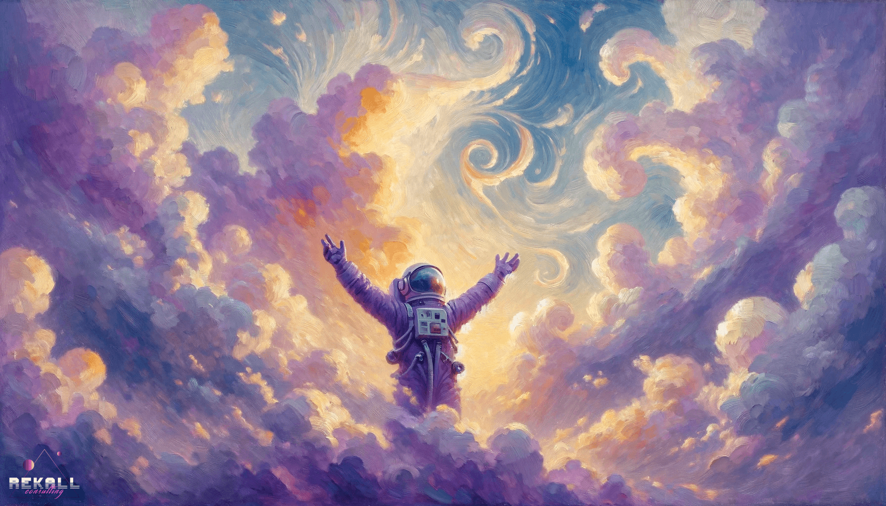 Image of Purple astronaut with his hands up in the clouds
