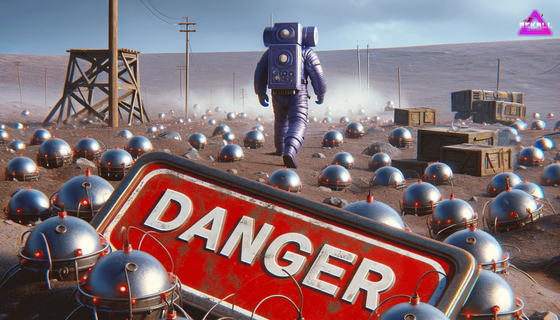 astronaut walking through minefield with a sign that says danger