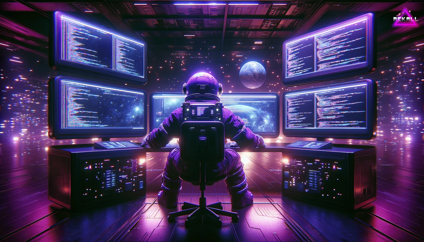 purple astronaut sitting at desk with 5 computer monitors